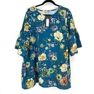 Bryn Walker Womens Size Medium Diego Tunic Teal Floral Print Flutter Sleeve NEW